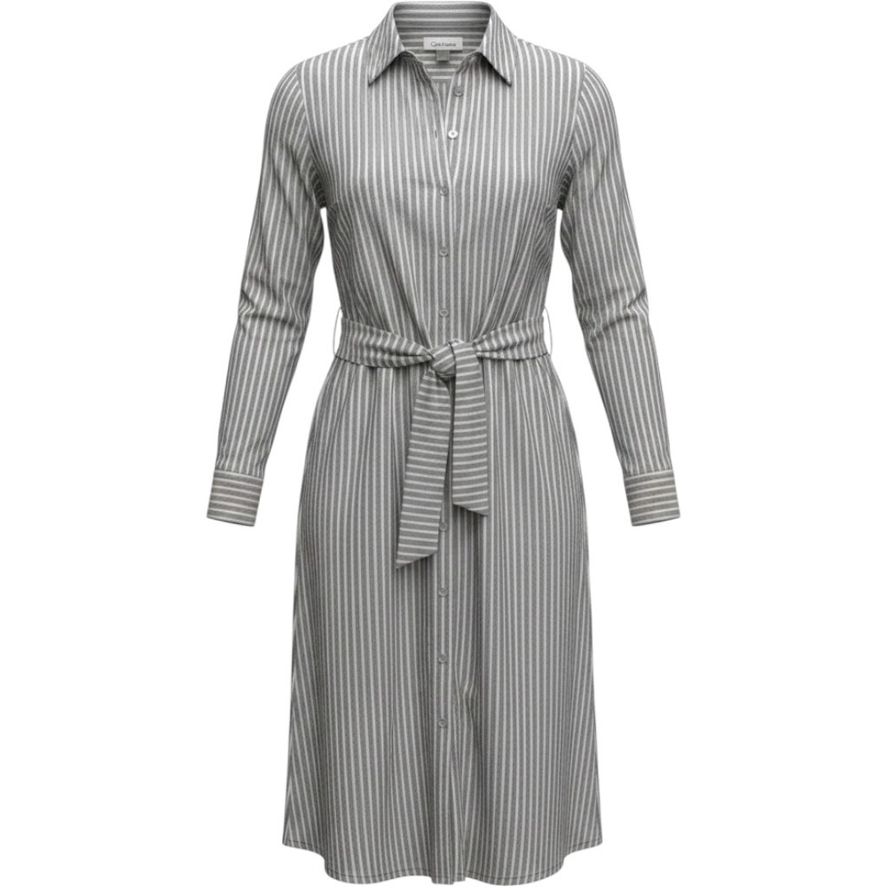 Calvin Klein Womens Grey White Striped Tie Waist Button Down Shirt Dress Size 4
